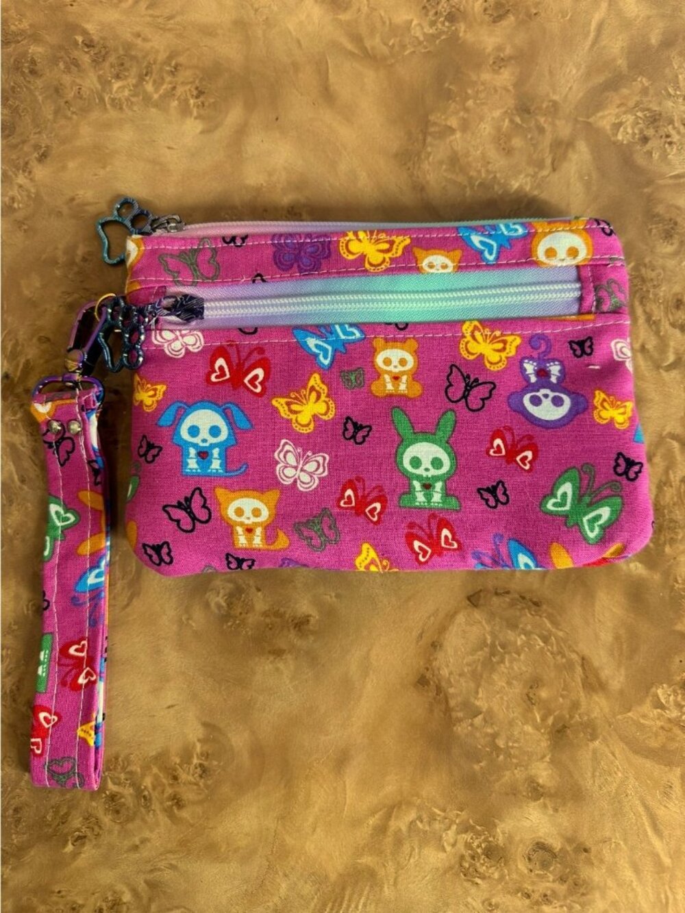 Skelanimals Pink Butterfly Print Wallet Wristlet Cotton Organizer Y2K Emo Scene